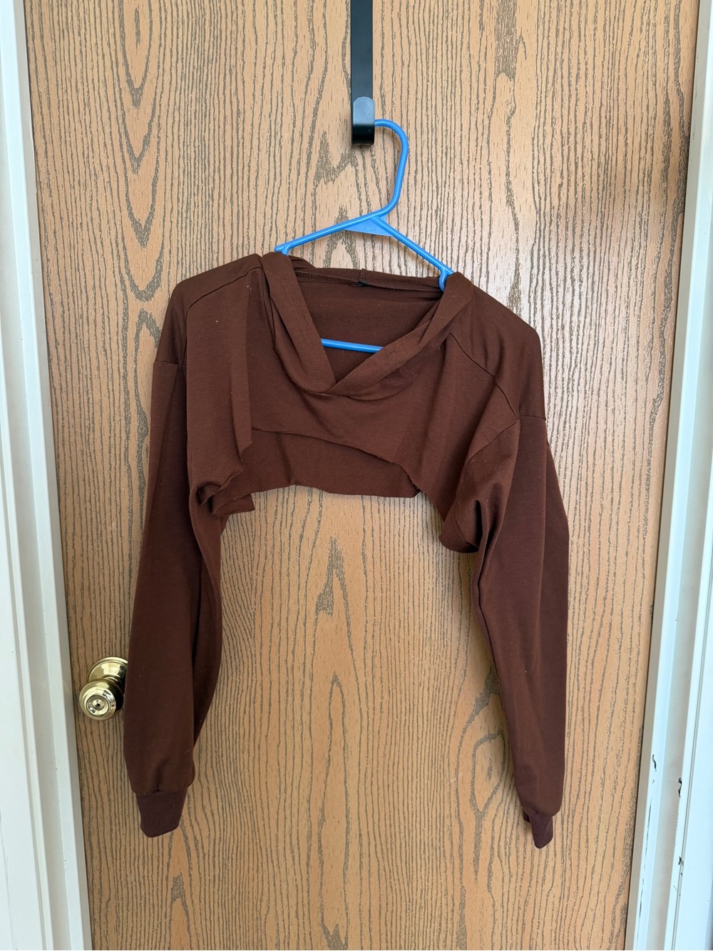 Women's Cropped Long-Sleeve Hooded shrug in Dark Brown